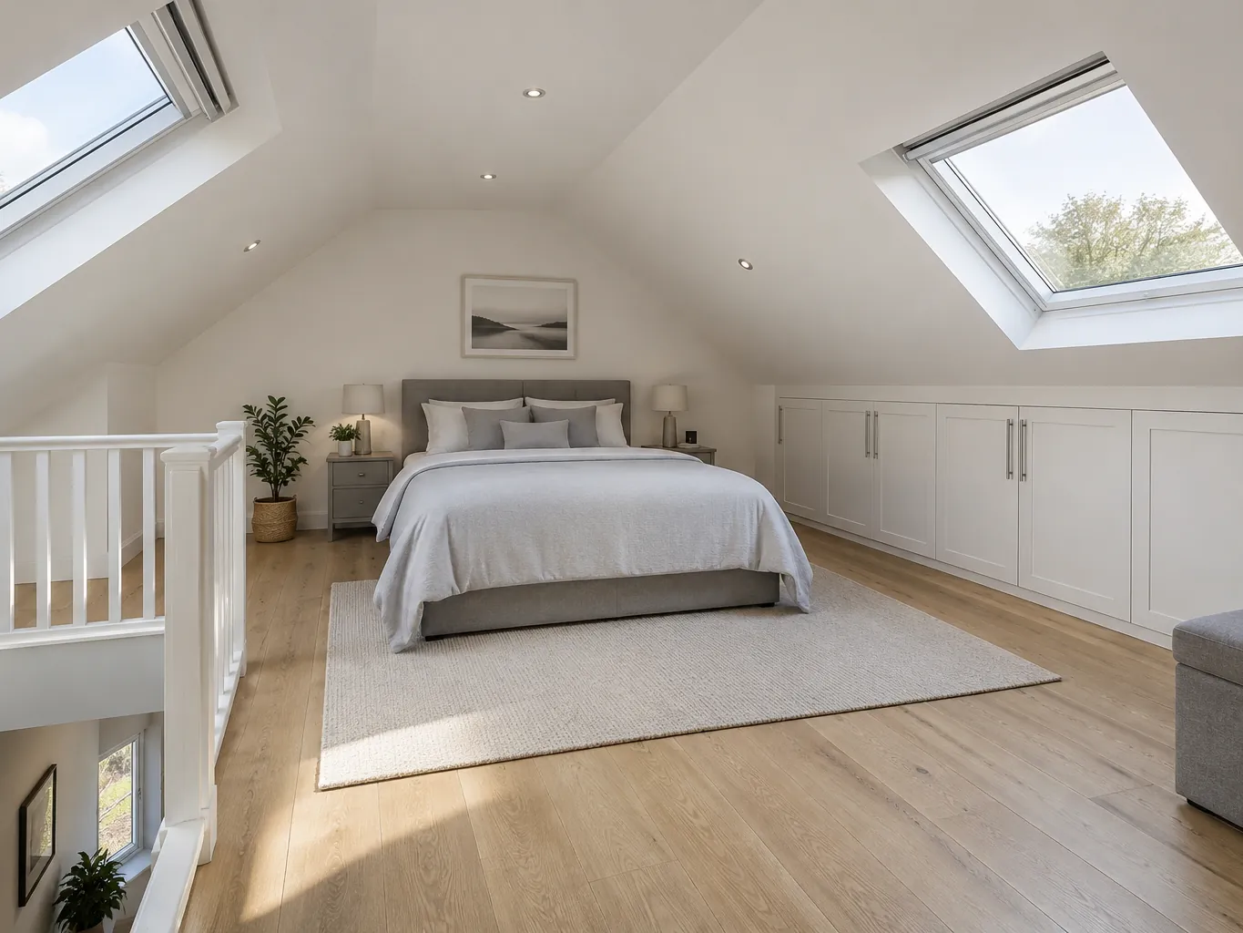 Illustrative image of a finished loft bedroom under a pitched roof with rooflights (not a Lordan's Lofts project)